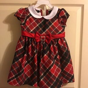 Red white and black plaid dress with gold accents